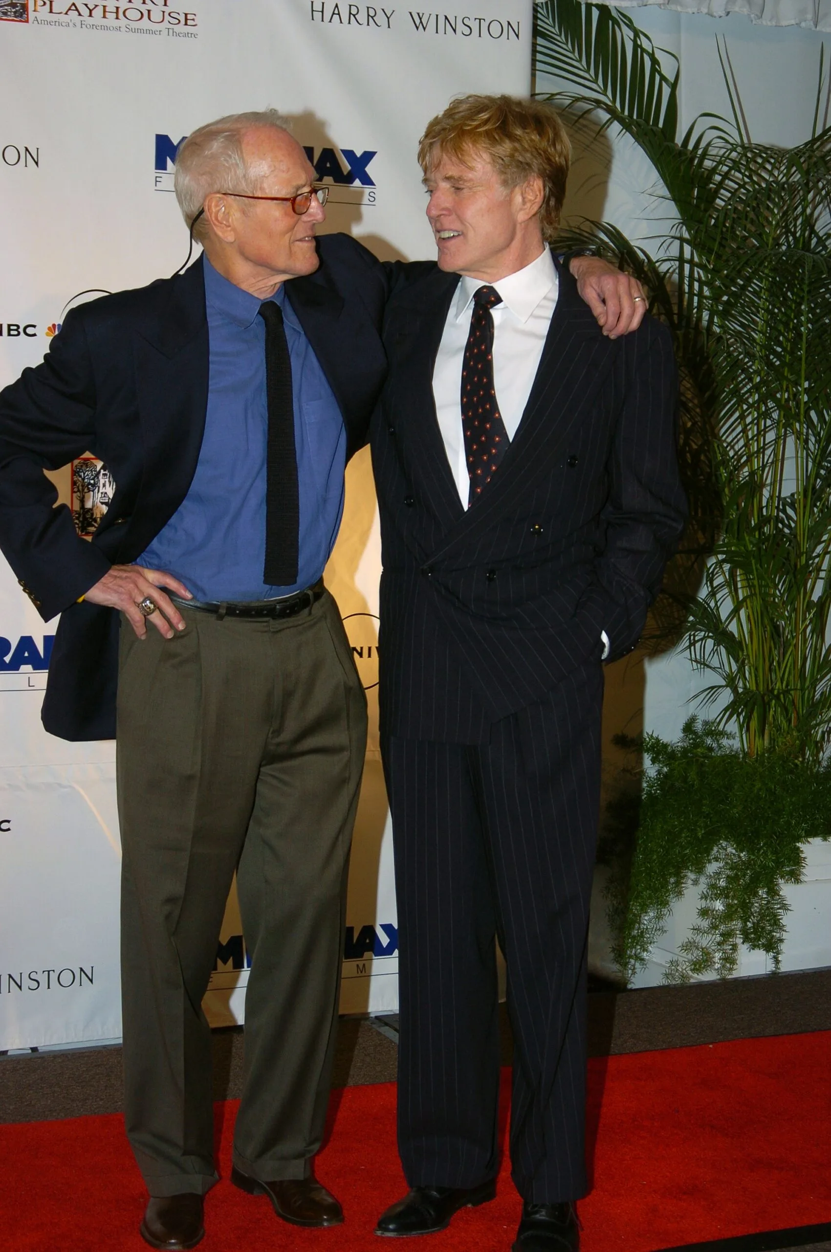 UNITED STATES - OCTOBER 14:  Paul Newman (left) and Robert Redford get together at the Hyatt Regency in Greenwich, Conn., for a fund-raiser to benefit the Westport Country Playhouse.  (Photo by Richard Corkery/NY Daily News Archive via Getty Images)