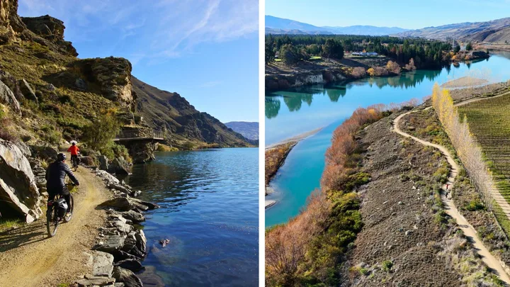 A split image shows two scenes from a cycling holiday in Central Otago, New Zealand. The left side shows two cyclists on a narrow trail clinging to a rocky cliffside, overlooking a calm lake. The right side is an aerial view of a winding dirt path alongside a turquoise river, with a vineyard and autumnal trees on the right and mountains in the distance.