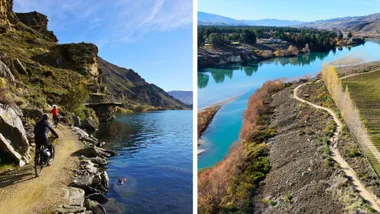 A split image shows two scenes from a cycling holiday in Central Otago, New Zealand. The left side shows two cyclists on a narrow trail clinging to a rocky cliffside, overlooking a calm lake. The right side is an aerial view of a winding dirt path alongside a turquoise river, with a vineyard and autumnal trees on the right and mountains in the distance.