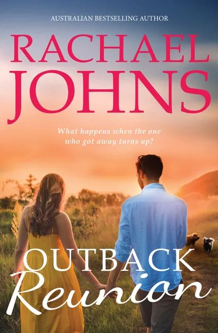 Rachael Johns outback reunion book cover. A couple hold hands in a green field, with two dogs nearby.