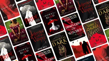 several book covers in black and red