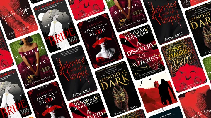 several book covers in black and red