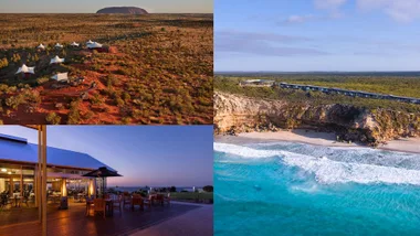Split image showing three luxury Australian resorts: glamping near Uluru, a lodge on a cliff overlooking a beach and a coastal restaurant at sunset.
