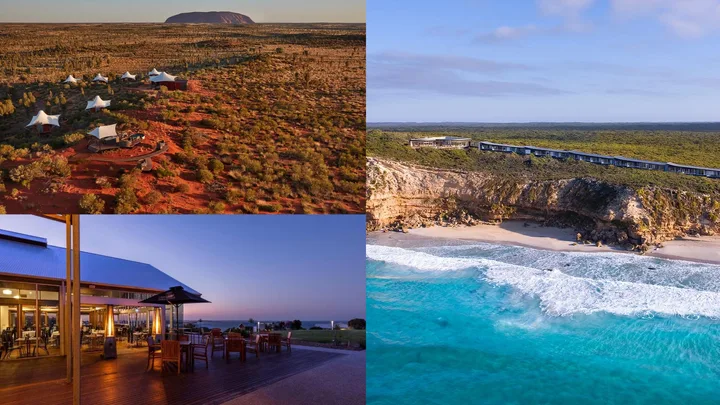 Split image showing three luxury Australian resorts: glamping near Uluru, a lodge on a cliff overlooking a beach and a coastal restaurant at sunset.