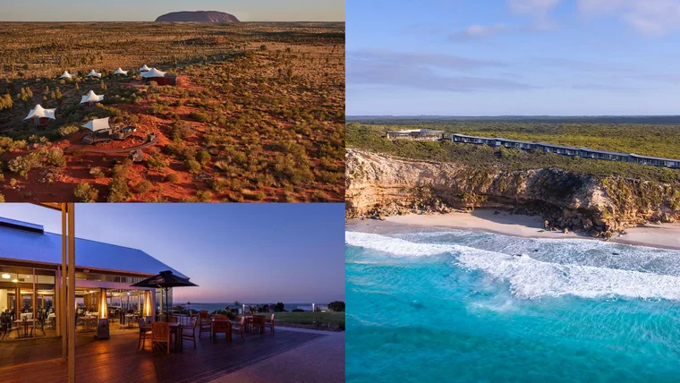 Split image showing three luxury Australian resorts: glamping near Uluru, a lodge on a cliff overlooking a beach and a coastal restaurant at sunset.