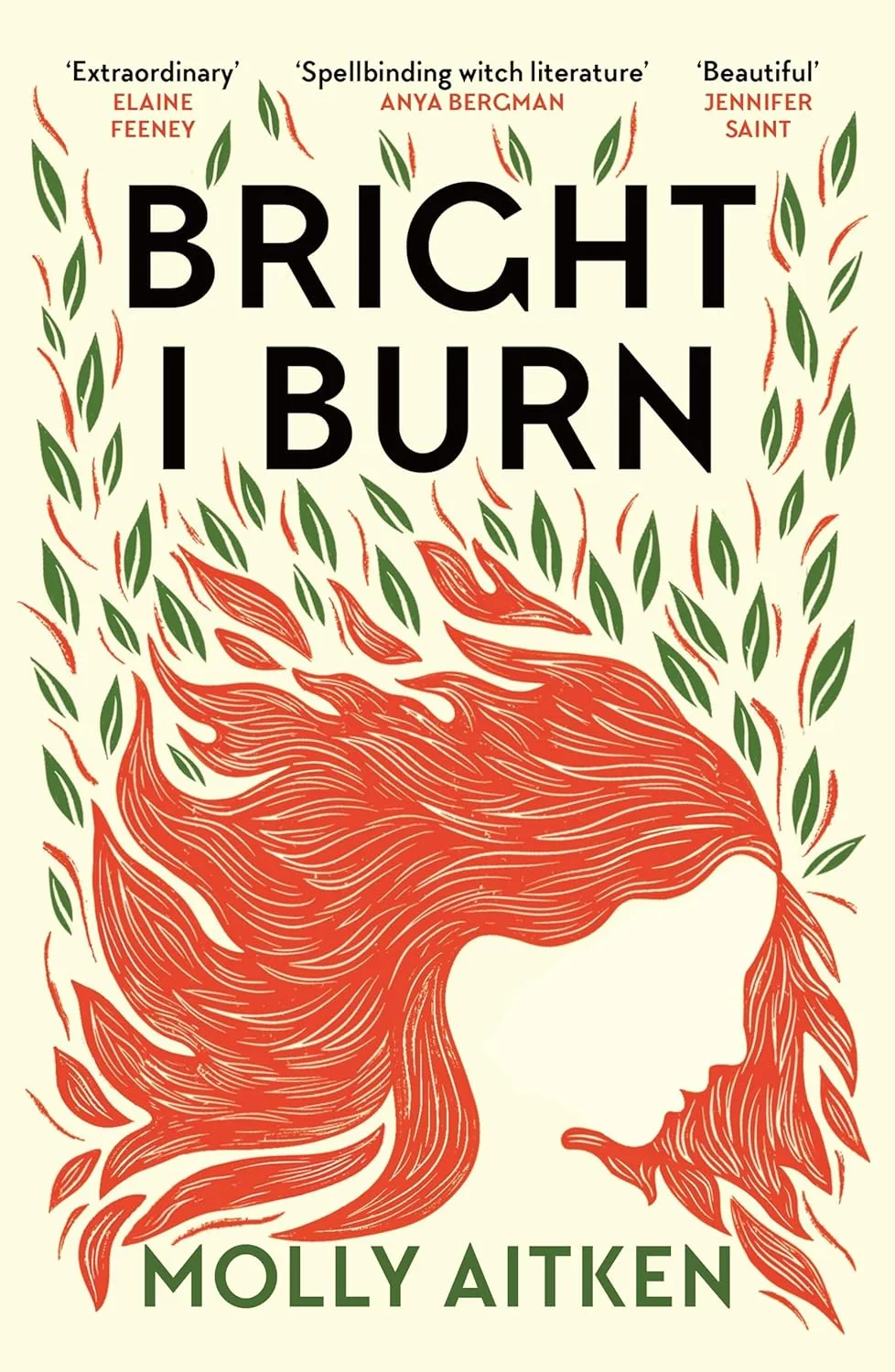 Illustrated book cover of a woman with red hair, with green leaves surrounding her.