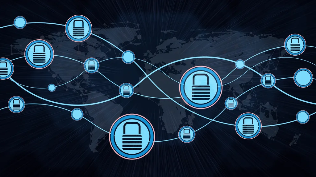 World map in blue and black with wavy lines over the top and symbols of locks.