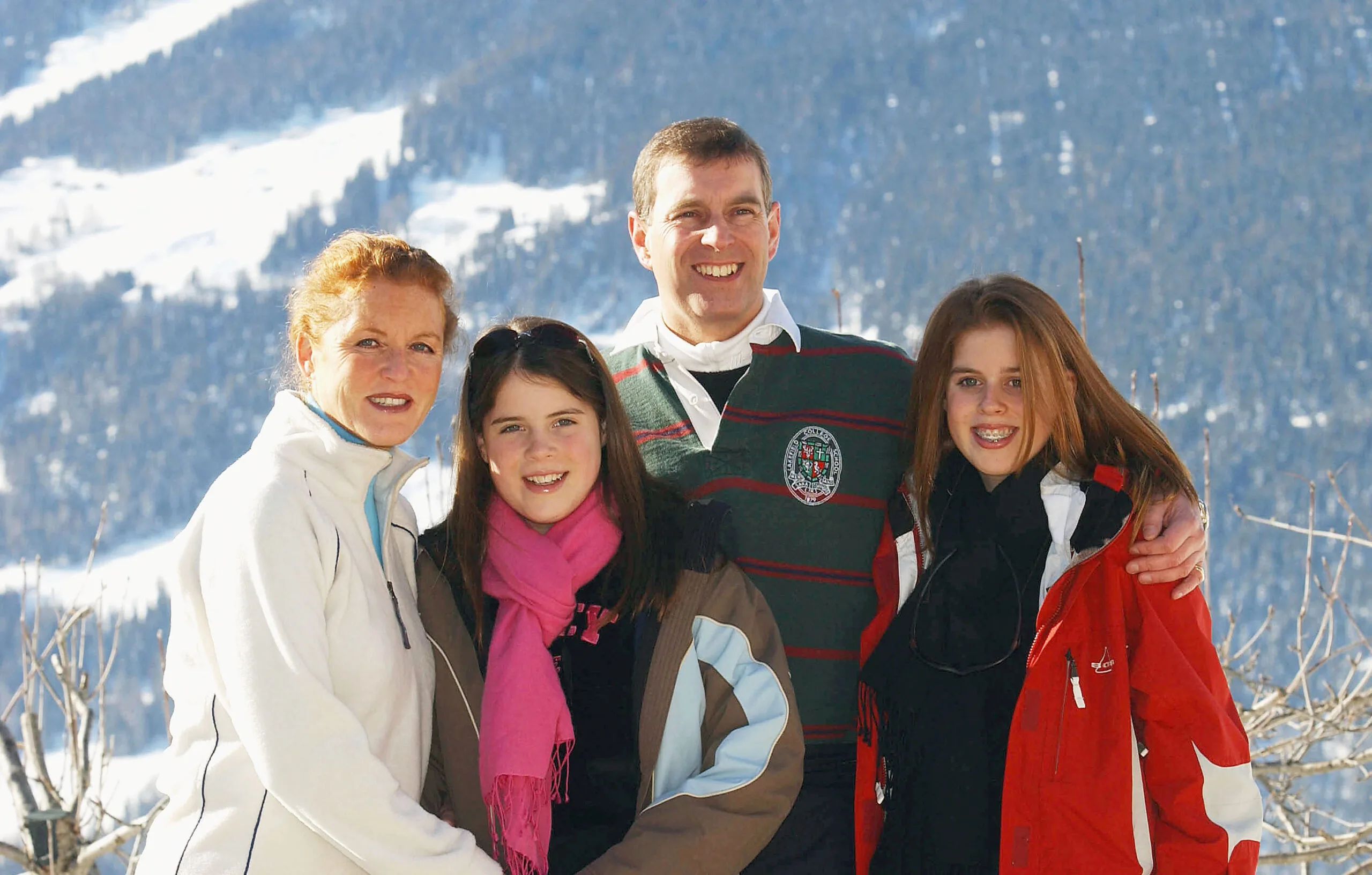 VERBIER, SWITZERLAND - FEBRUARY 18:  (L to R) The Duchess of York, Princess Eugenie, the Duke of York and Princess Beatrice attend a photocall on February 18, 2003 in Verbier, Switzerland. Prince Andrew will celebrate his 43rd birthday on February 19. (Photo by UK Press/Getty Images)