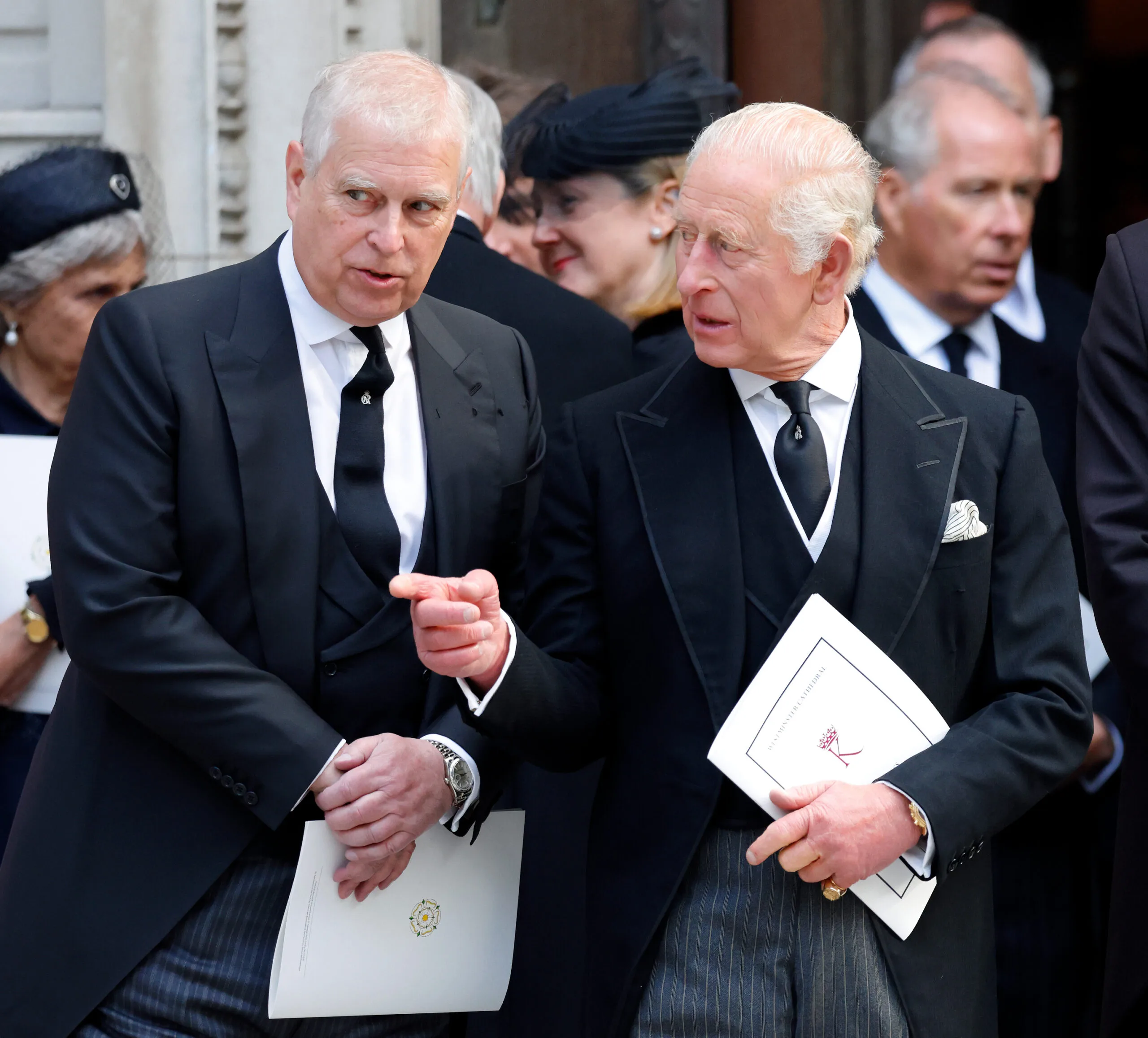 LONDON, UNITED KINGDOM - SEPTEMBER 16: (EMBARGOED FOR PUBLICATION IN UK NEWSPAPERS UNTIL 24 HOURS AFTER CREATE DATE AND TIME) Prince Andrew, Duke of York and King Charles III attend Katharine, Duchess of Kent's Requiem Mass service at Westminster Cathedral on September 16, 2025 in London, England. Katharine, Duchess of Kent was married to Prince Edward, Duke of Kent, a first cousin of Queen Elizabeth II. She died on September 4 at the age of 92 at Kensington Palace surrounded by her family. Having converted to Catholicism in 1994, her funeral takes place at Westminster Cathedral and is the first Catholic funeral to be held for a member of the royal family in modern British history. Her Royal Highness will be laid to rest at the Royal Burial Ground at Frogmore, Windsor. (Photo by Max Mumby/Indigo/Getty Images)
