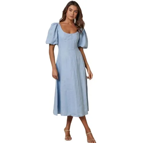 Aere Paloma Linen Puff Sleeve Midi Dress in baby blue