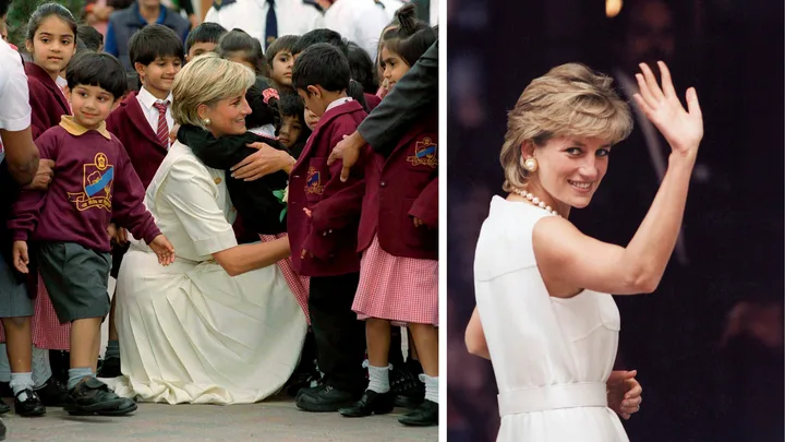 Two photos of Princess Diana. First: Kneeling and hugging a young school child. Second: Waving to the camera.