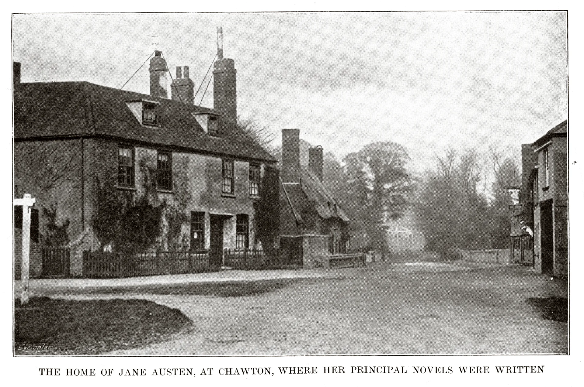 A historic black and white photograph of Jane Austen's cottage in Chawton.
