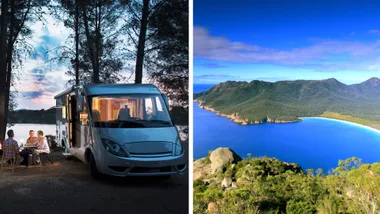 A split-screen image for campervan hire Tasmania featuring a couple enjoying a twilight dinner outside a modern motorhome in a forest setting (left) and a bright, panoramic view of the turquoise waters and white sands of Wineglass Bay (right).