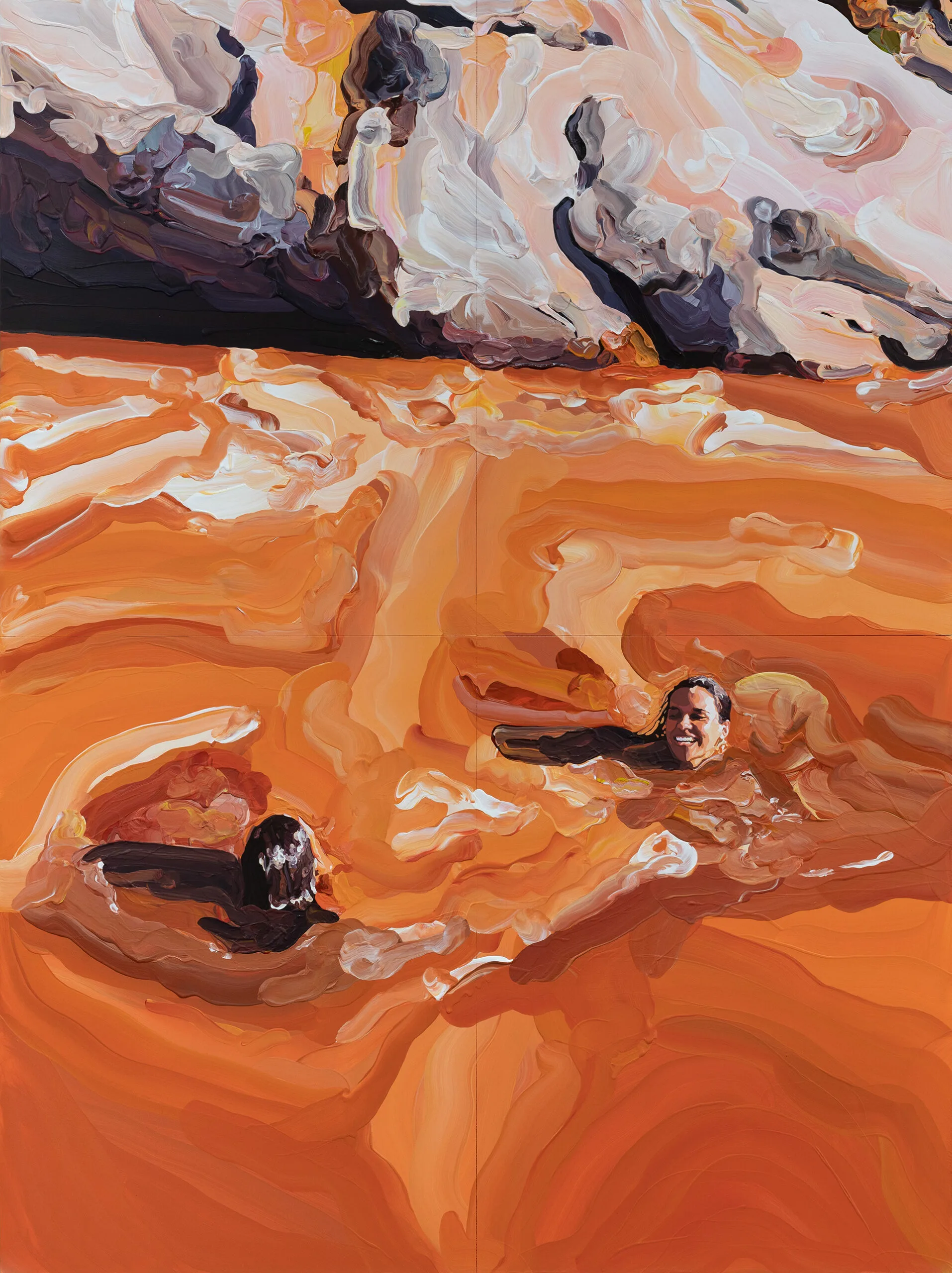 A painting of two children swimming happily in a bright orange waterhole.