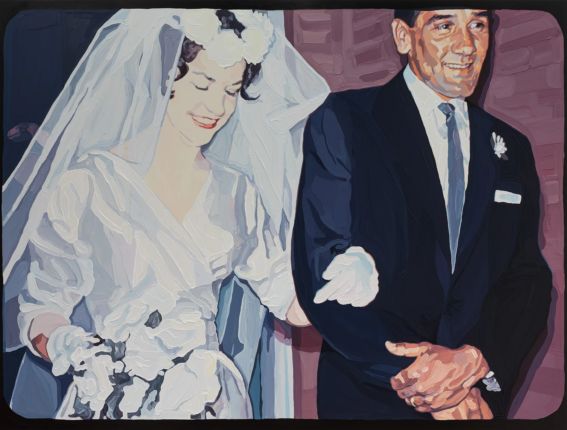 A painting of Eileen Perkins in white bridal gown and veil on the arm of Charles, wearing a  dark suit and blue-grey tie. Both are smiling joyfully.