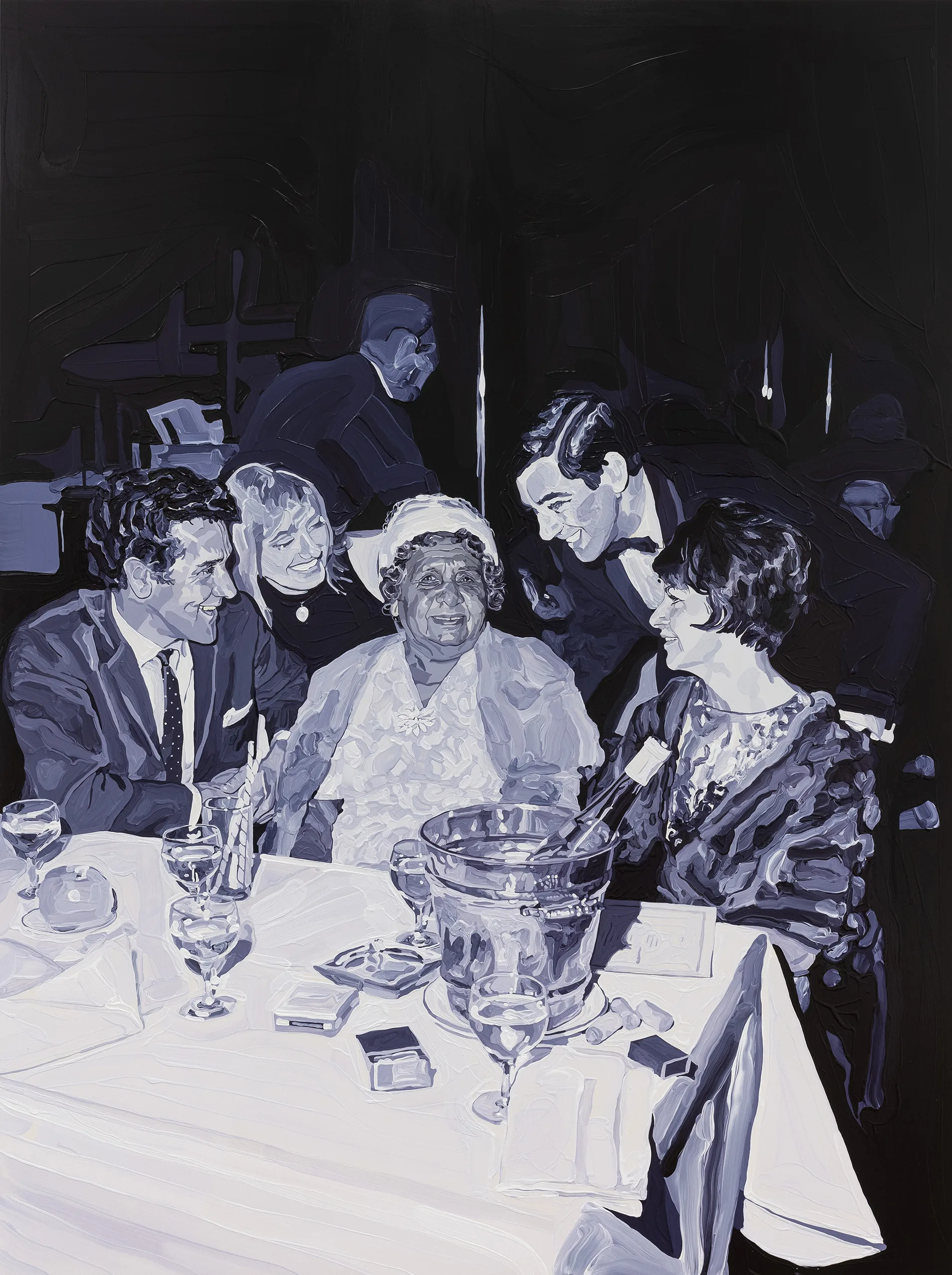 A painting of a black and white photograph taken at a restaurant in thte 1960s.