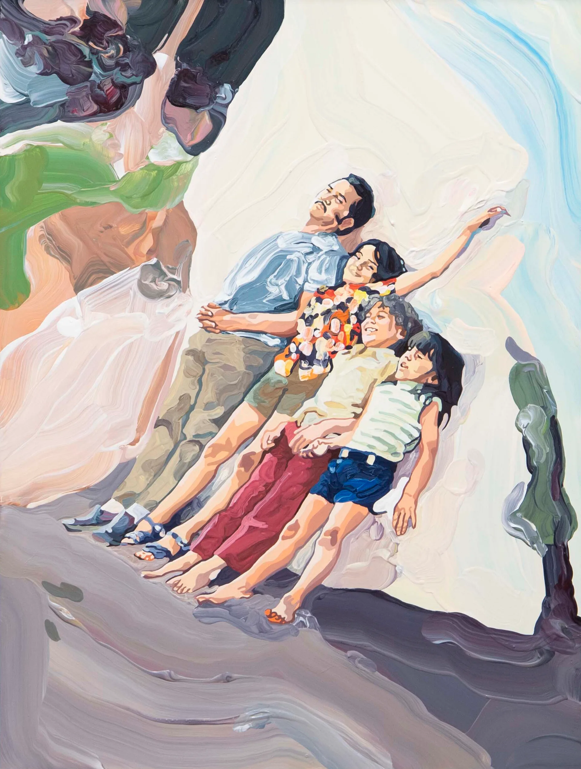 A painting of Charles and his three children leaning against a wall in the sunshine with looks of sheer joy on their faces. All dressed in casual clothes.