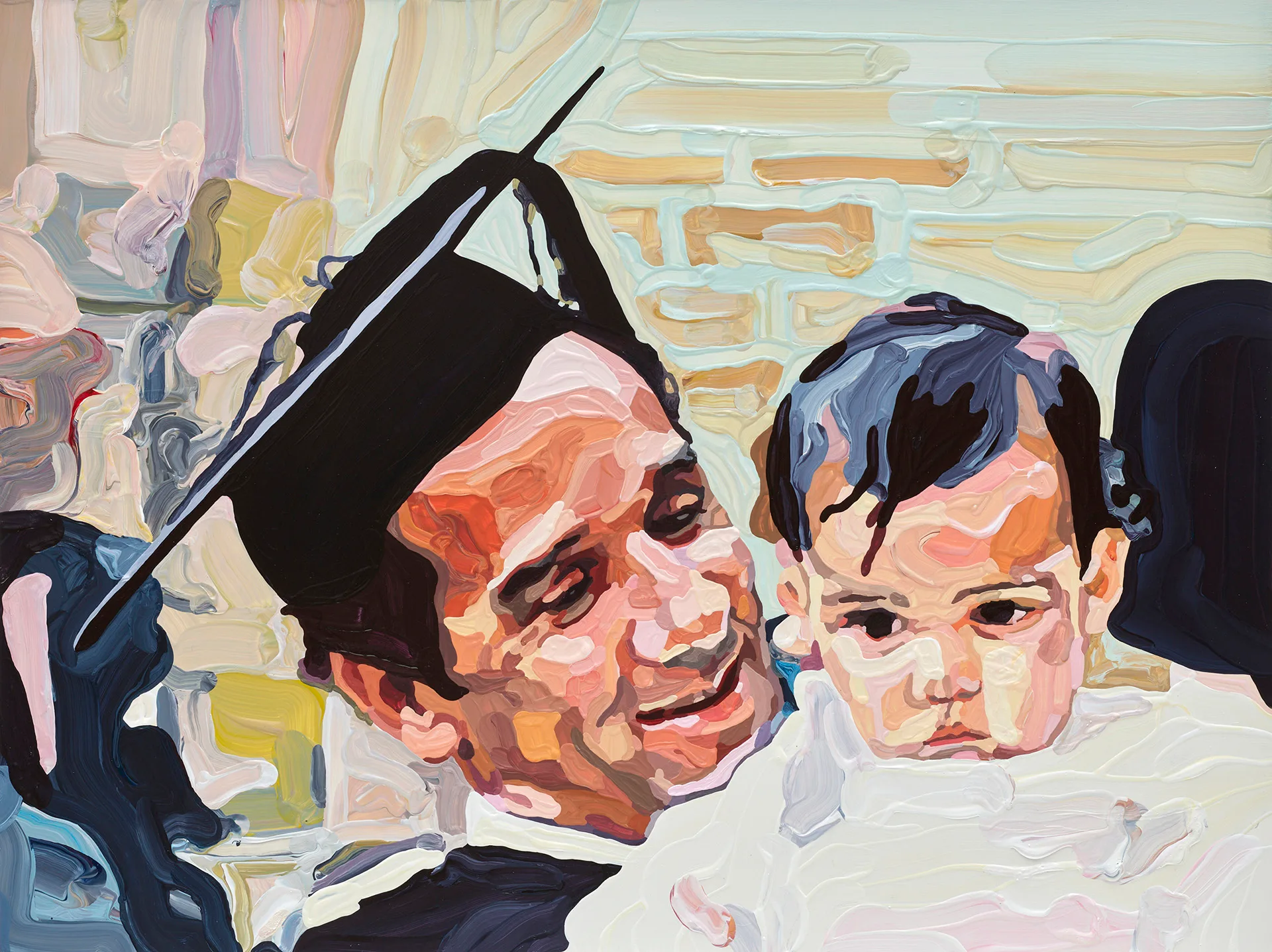 A painting of Charles Perkins in graduation mortar board holding baby Hetty.