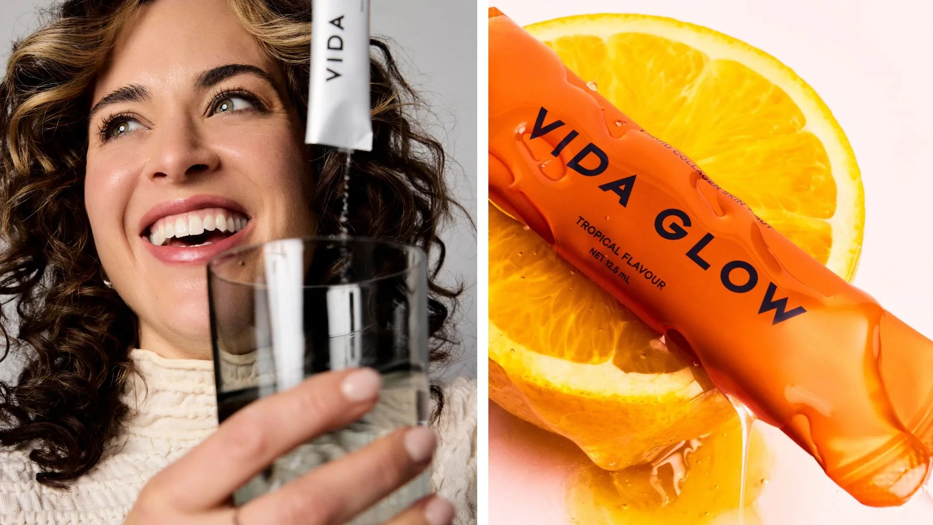 A split image. On the left, a woman with curly hair is smiling while pouring a white powder from a Vida Glow sachet into a glass of water. On the right, a bright orange Vida Glow Tropical Flavour liquid collagen sachet rests on a slice of orange.
