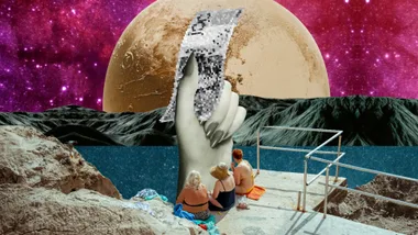 astrology graphic of a hand in front of a starry sky holding a 100 dollar bill