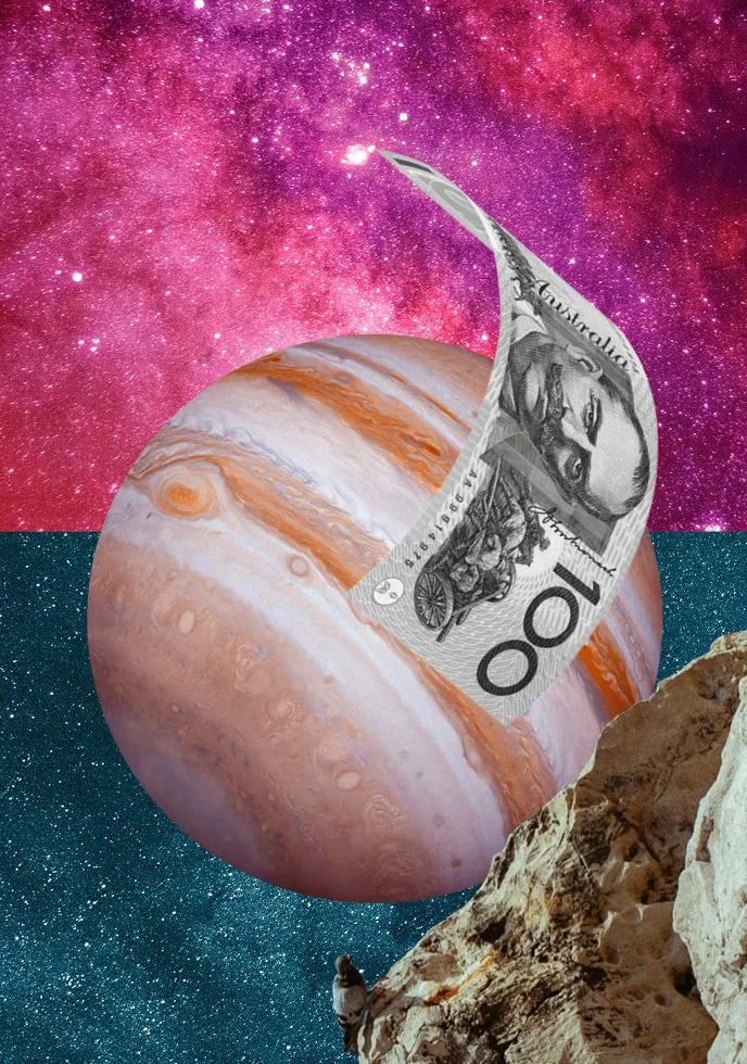 astrology graphic of a moon over a starry sky, with a 100 dollar bill in front