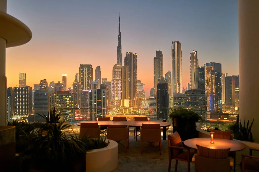 Dubai cityscape viewed from a rooftop bar