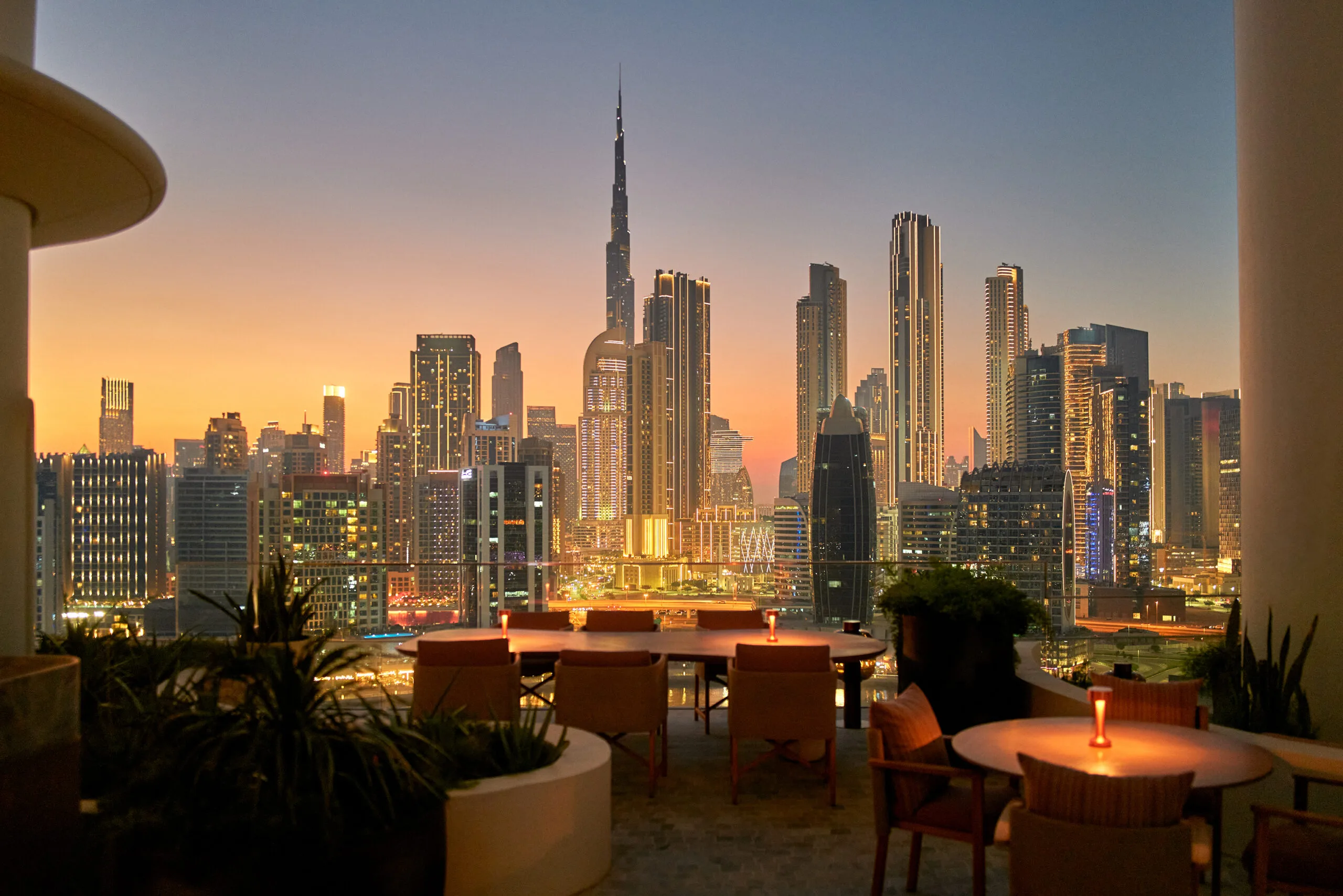 Dubai cityscape viewed from a rooftop bar