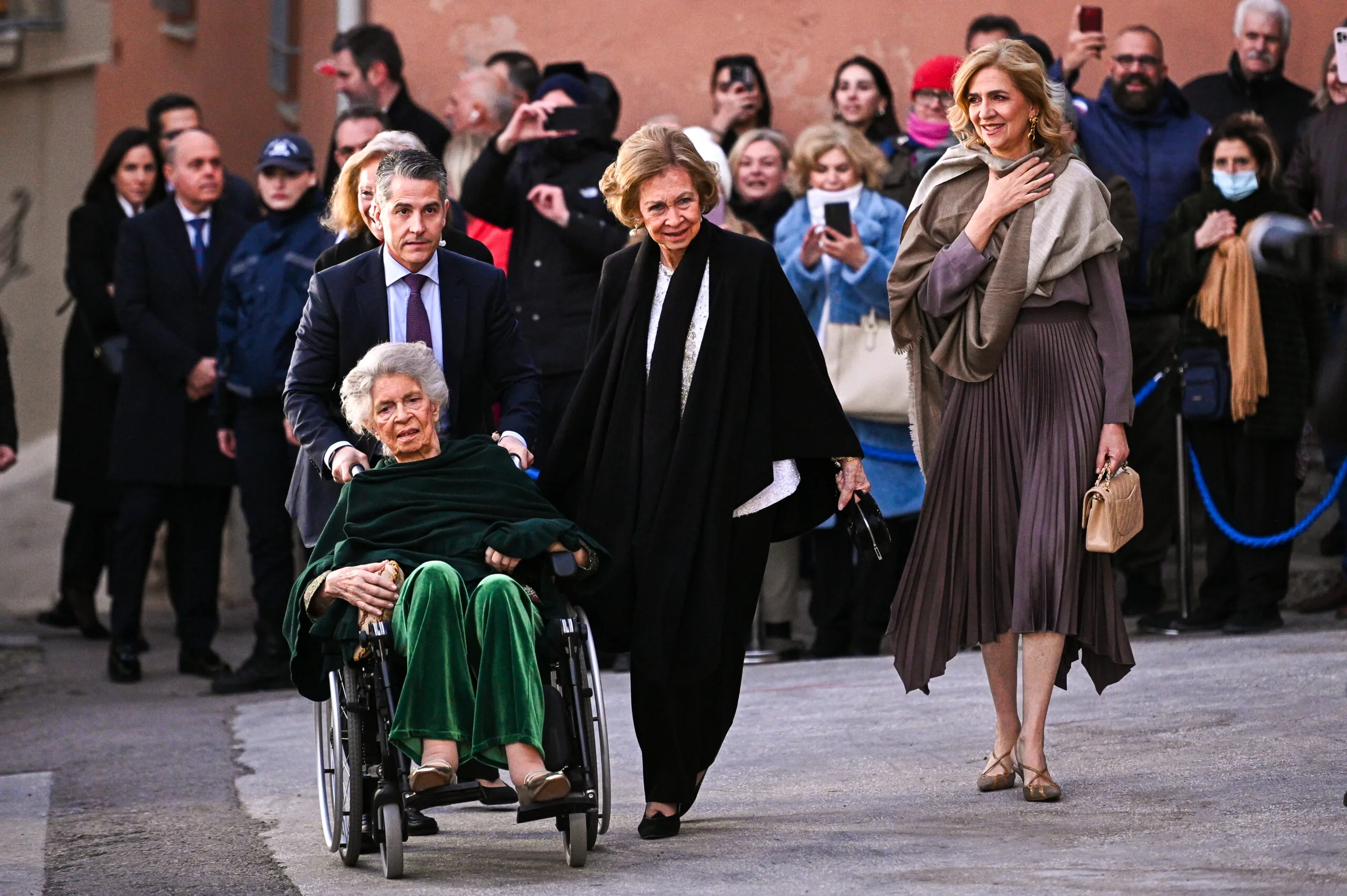 Former Queen of Spain Sofia, her daughter Infanta Cristina of Spain, and her sister Princess Irene arrive at the royal wedding of Prince Nikolaos of Greece with Chrysi Vardinoyannis in St. Nicholas Ragavas, in Athens, Greece, on February 7, 2025. (Photo by Stefanos Kyriazis/NurPhoto via Getty Images)