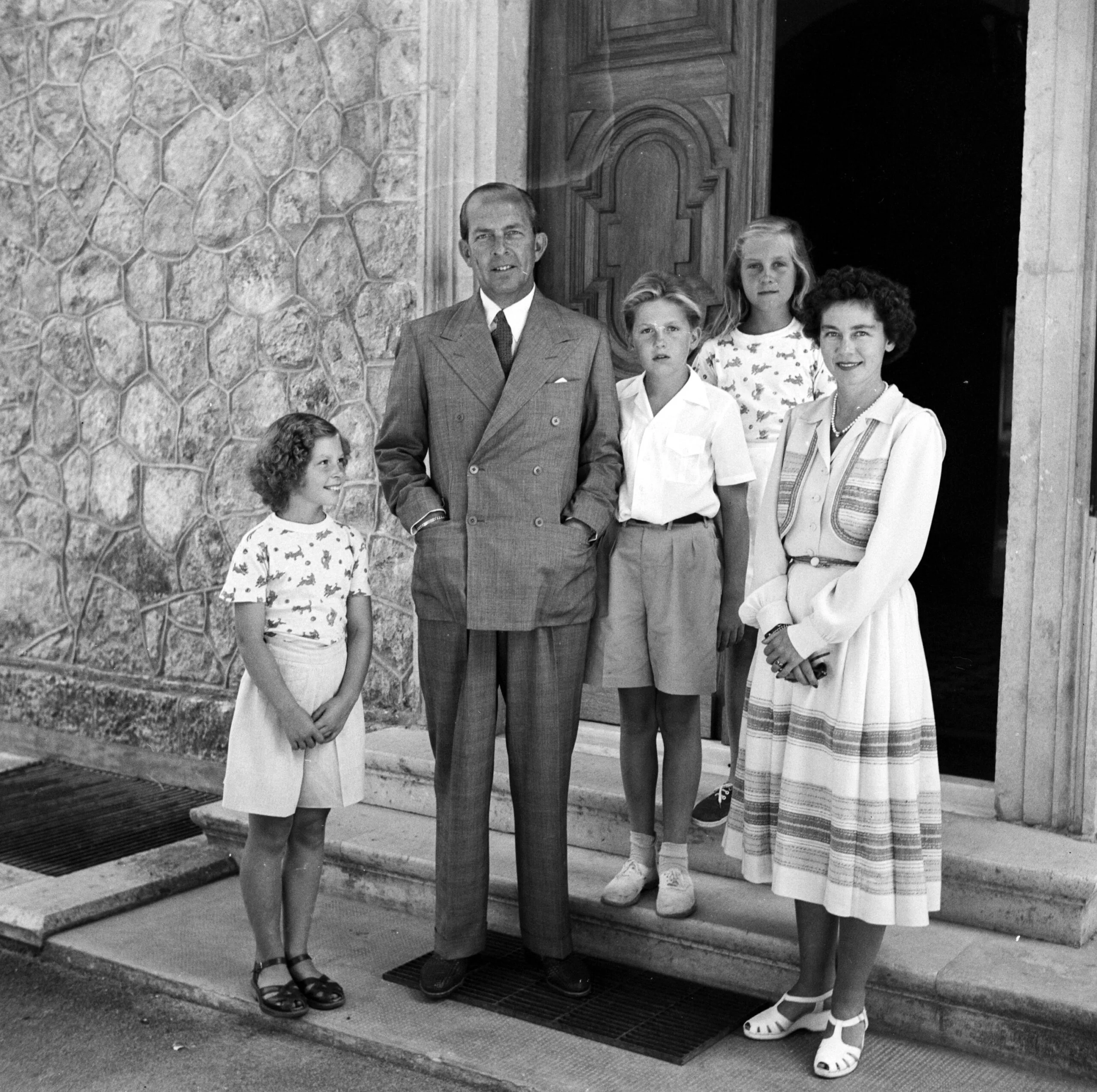 circa 1950:  The Greek Royal family from left to right: Princess Irene, King Paul, Crown Prince Konstantin, Princess Sophie and Queen Frederika.  (Photo by Evans/Three Lions/Getty Images)
