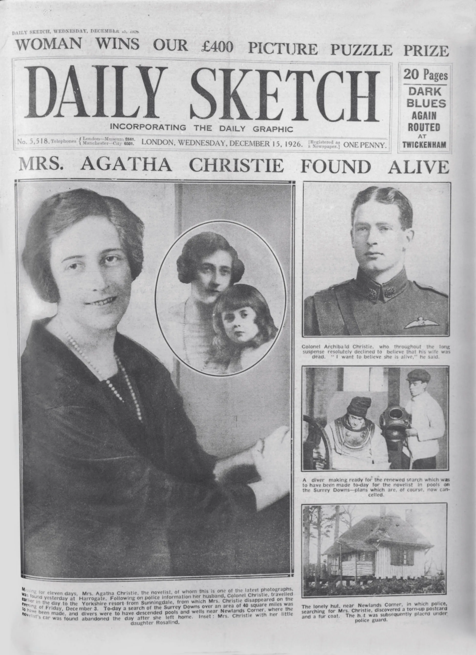 The cover of the Daily Sketch announces the safe return of British crime novelist Agatha Christie (1890 - 1976), who had been missing for eleven days, 15th December 1926. Pictured are Mrs Christie, her daughter Rosalind, and her husband, Colonel Archibald Christie. (Photo by Hulton Archive/Getty Images)