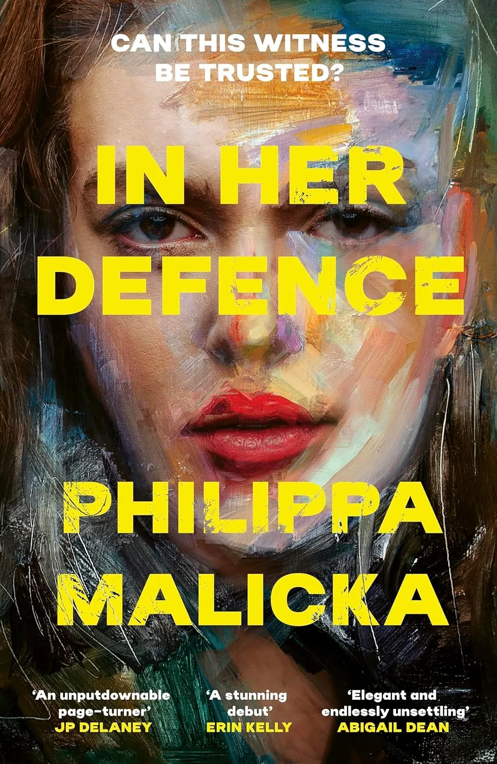 In Her Defence Reese Witherspoon Book Club pick, February 2026. A painting of a woman's face with yellow text over the top.