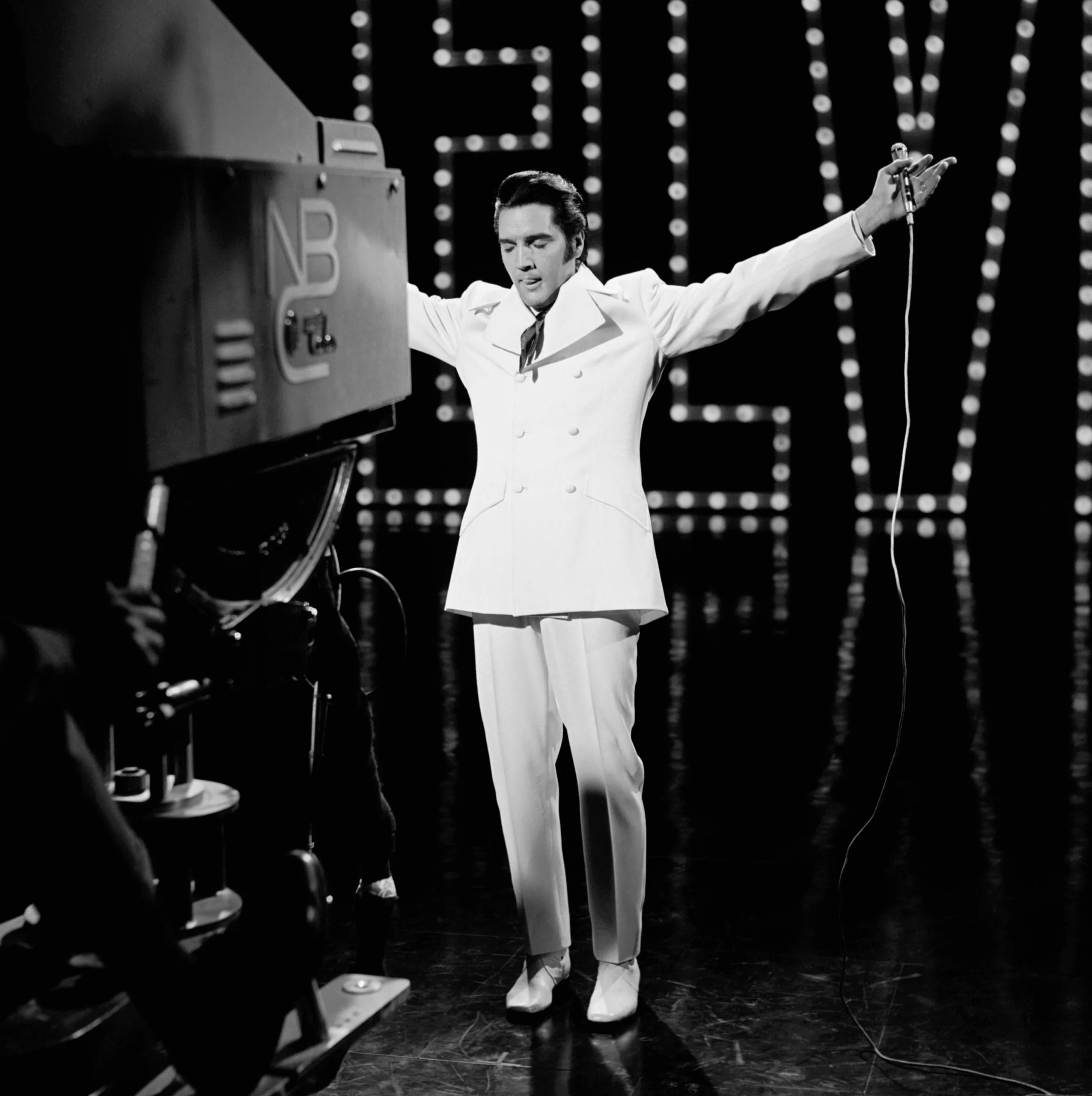 ELVIS: '68 COMEBACK SPECIAL -- Aired 12/3/68 -- Pictured: Elvis Presley during a performance of "If I Can Dream" at NBC Studios in Burbank, CA  (Photo by Gary Null & Frank Carroll/NBCU Photo Bank/NBCUniversal via Getty Images via Getty Images)
