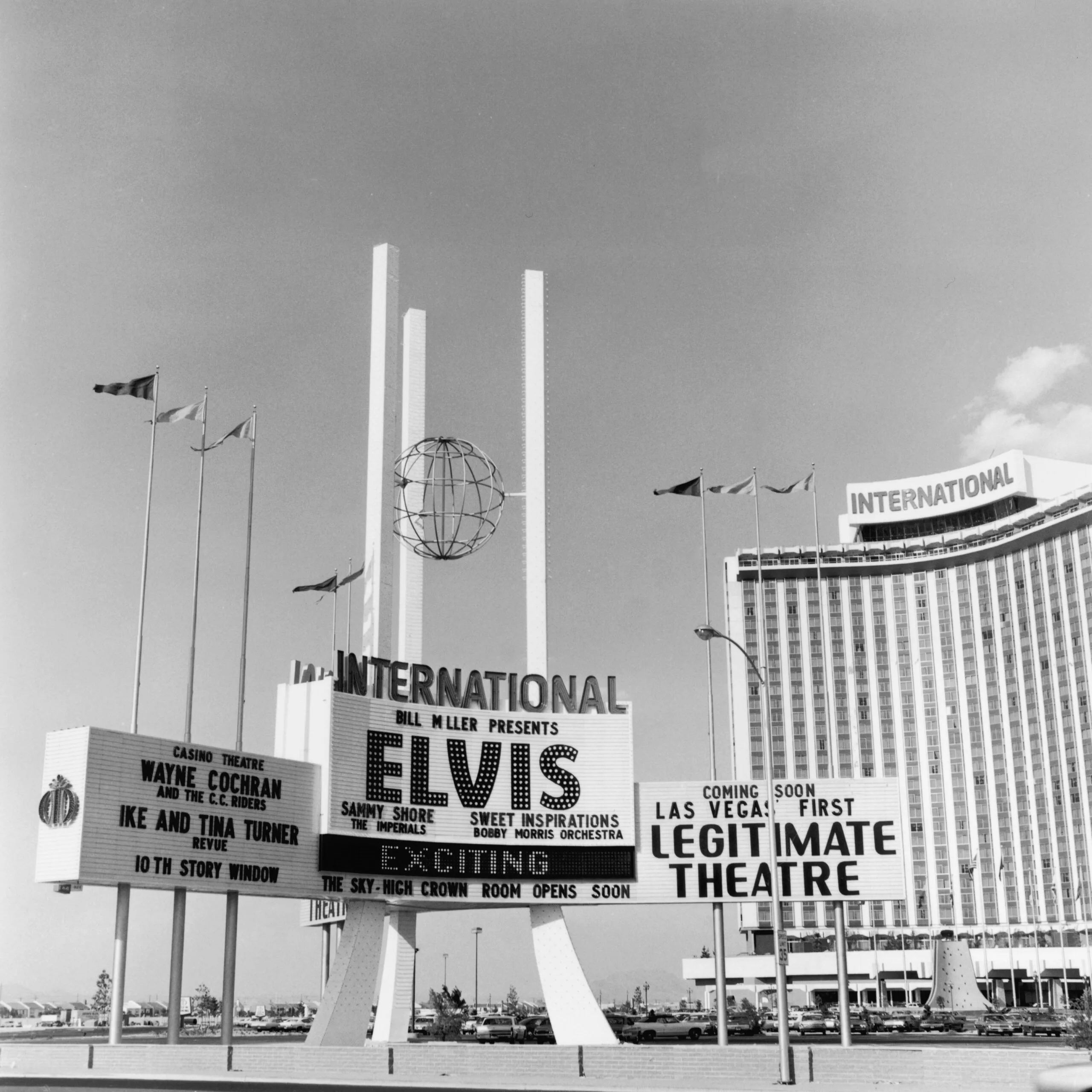August 1969:  The sign for the International Hotel and Casino, advertising a performance by Elvis Presley, in Las Vegas, Nevada. Also performing were the Ike and Tina Turner Revue, Wayne Cochran, and Sammy Shore.  (Photo by Frank Edwards/Fotos International/Getty Images)