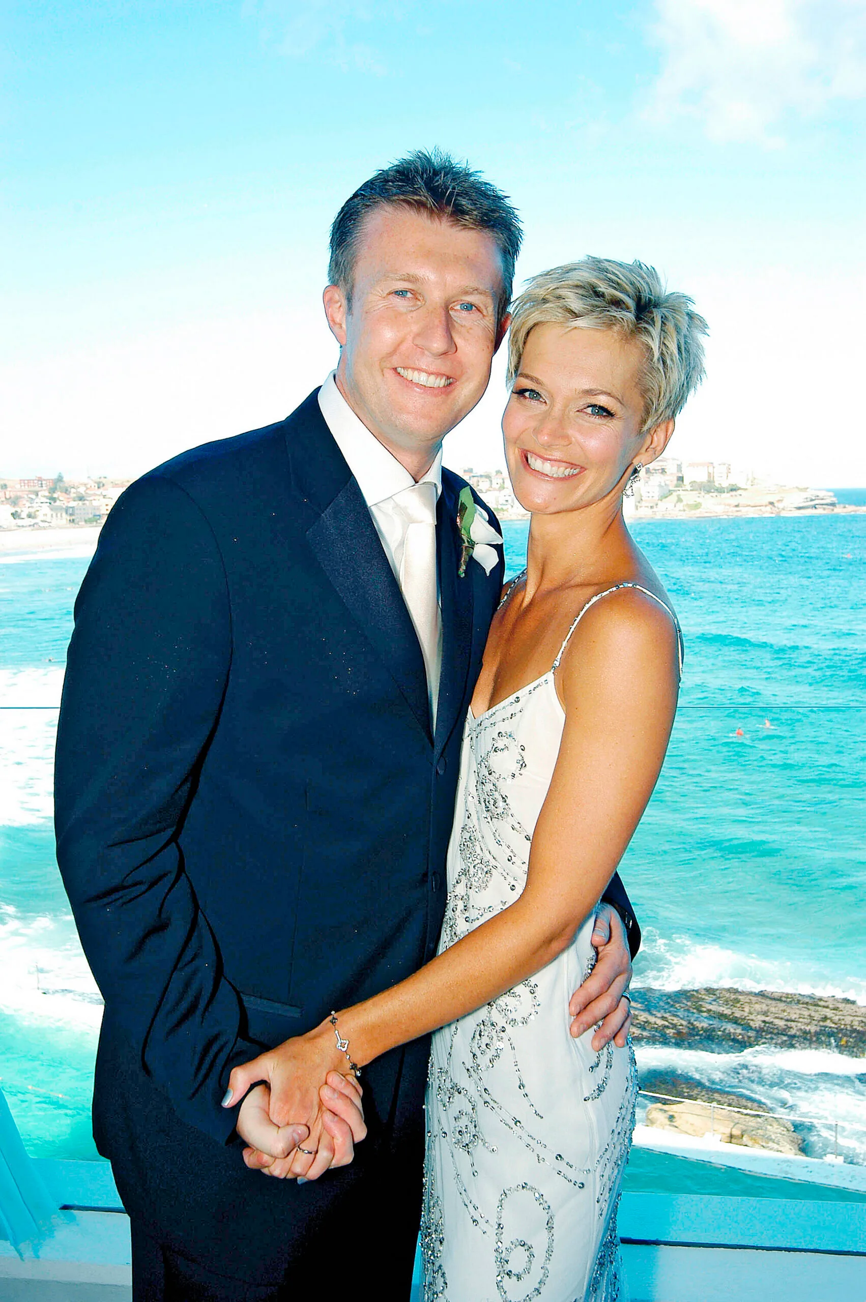Sydney, January 13, 2004. Wedding photograph of TV personalities Peter Overton and Jessica Rowe released by Network Ten and Channel Nine. Overton and Rowe were married yesterday  afternoon in an intimate wedding in Sydney's eastern suburbs. (AAP Image/Network Ten and Channel Nine) NO ARCHIVING, EDITORIAL USE ONLY