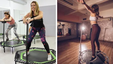 A split-screen image showcasing rebounder fitness. On the left, women participate in a group class using hexagonal exercise trampolines with stability bars in a bright studio. On the right, a woman in athletic wear jumps on a round rebounder in a private gym setting.
