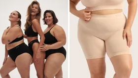 A side-by-side composite image featuring Boody’s inclusive underwear range. On the left, three women of various body types smile and pose together wearing matching black Boody bra tops and high-waisted briefs. On the right, a close-up, cropped shot shows a person’s midsection and thighs wearing a pair of light beige (nude) seamless ribbed boy shorts and a matching crop top.