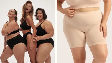A side-by-side composite image featuring Boody’s inclusive underwear range. On the left, three women of various body types smile and pose together wearing matching black Boody bra tops and high-waisted briefs. On the right, a close-up, cropped shot shows a person’s midsection and thighs wearing a pair of light beige (nude) seamless ribbed boy shorts and a matching crop top.