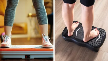 A split image showing two different ways to use a vibration plate: on the left, a person wearing sneakers stands on an orange and white vibration platform; on the right, a person stands barefoot on a black platform featuring textured massage points.