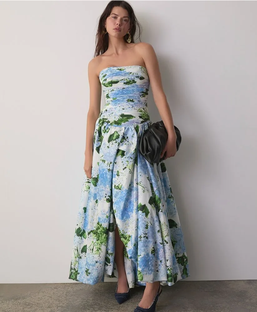 Aje strapless dress in blue and green - wedding guest dresses