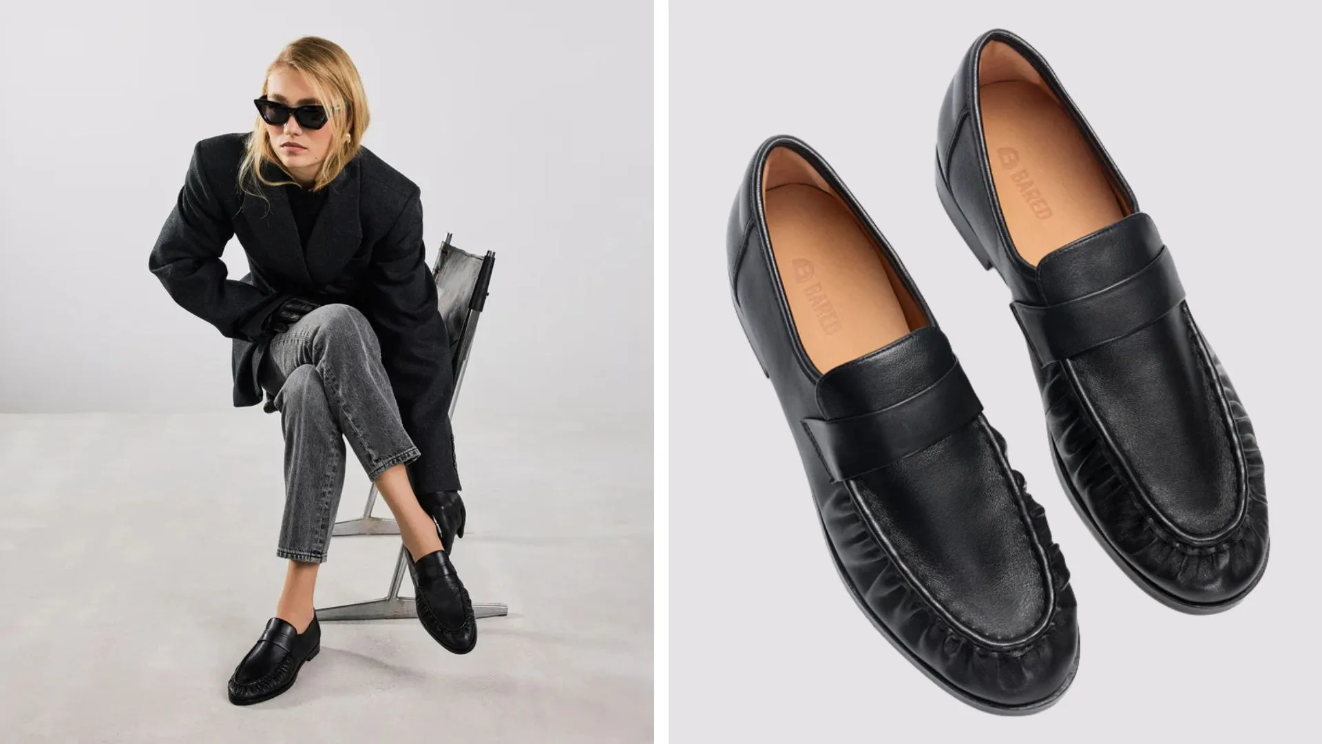 A split-screen promotional image for Bared Footwear's Chauna loafers. The left side shows a model seated in a minimalist studio wearing a black oversized blazer, grey jeans, and the black leather loafers. The right side features a top-down close-up of the loafers, highlighting the textured ruched detailing around the toe and the tan interior footbed with the Bared logo.