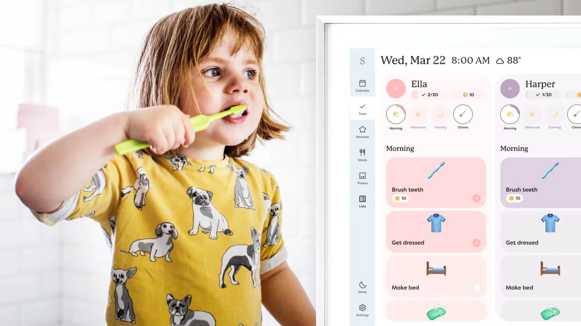 A composite image for the Skylight Calendar. On the left, a young child in a yellow dog-print t-shirt is brushing her teeth. On the right, the digital screen shows her specific "Morning Routine" chore chart, featuring interactive buttons for 'Brush teeth', 'Get dressed', and 'Make bed' with earned star rewards.