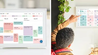 A split-screen image showcasing the Skylight Calendar Max. On the left, a close-up of the 27-inch digital touchscreen displaying a colour-coded family schedule. On the right, a child interacts with the wall-mounted calendar, showing its interactive chore chart and task list.