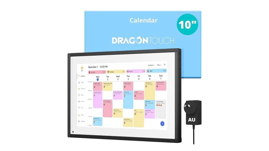 Dragon Touch 10.1" Digital Calendar Chore Chart – 1080P Full HD Interactive Touchscreen, Smart Family Planner, Hearth Display Digital Calendar Desk Mountable for Seamless Scheduling with AU Adapter