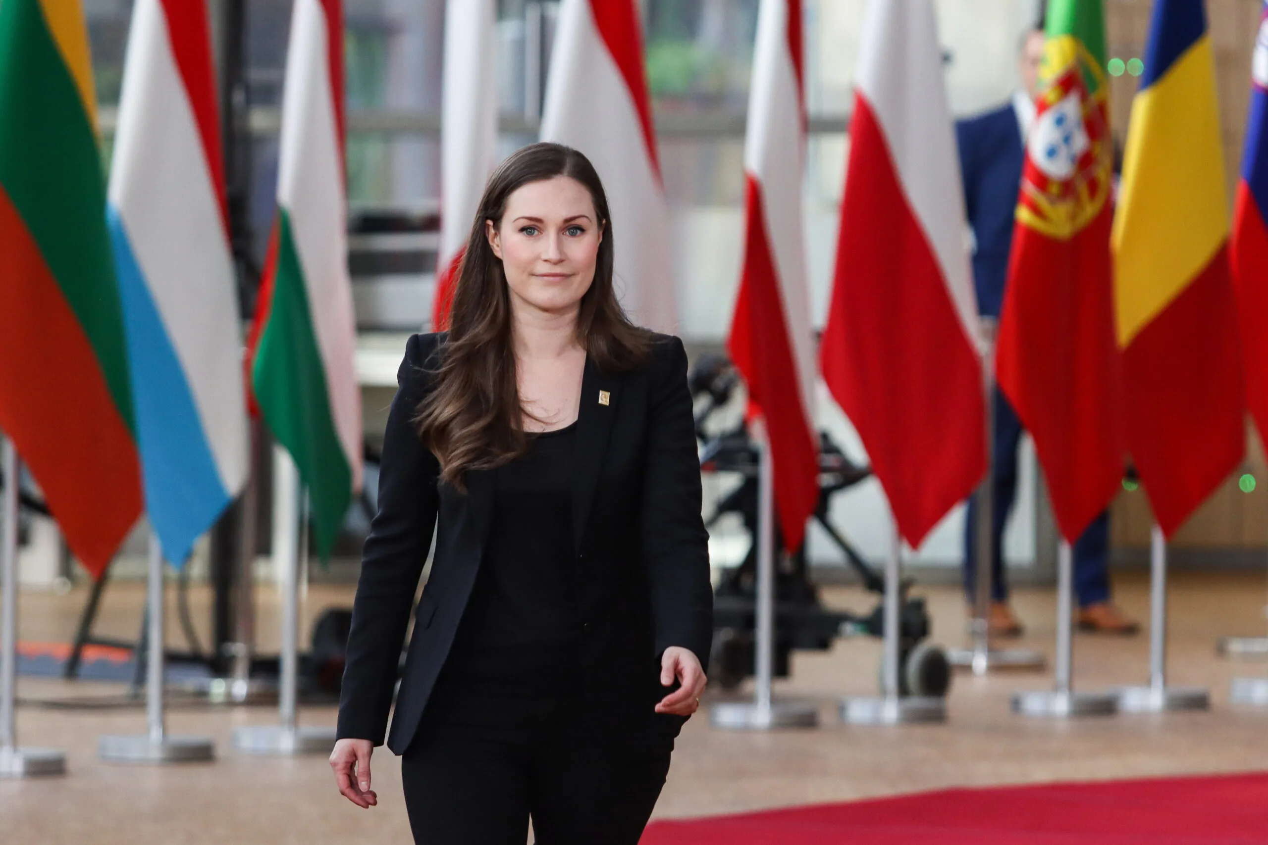 Prime Minister of Finland Sanna Marin as seen arriving on the red carpet with EU flags at forum Europa building. The Finnish PM Sanna Mirella Marin, the youngest female PM in the world, is having a doorstep press and media briefing during the second day of the special European Council, EURO leaders summit - meeting about for the negotiations of the future planning of the next long term budget, financial framework of the European Union for 2021-2027. Brussels, Belgium, February 21, 2020 (Photo by Nicolas Economou/NurPhoto via Getty Images)