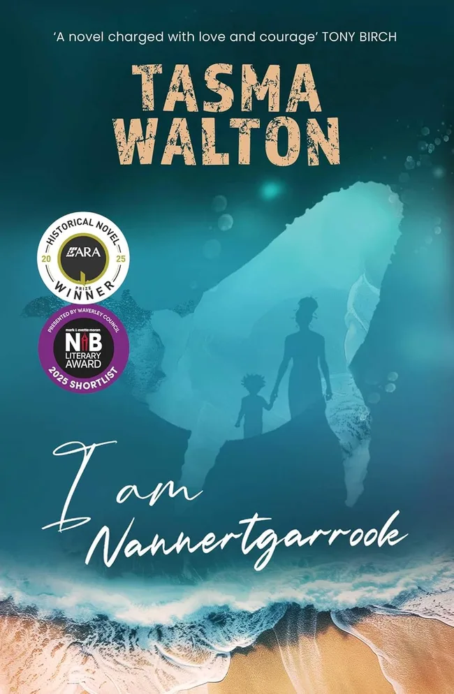 stella prize nominee book cover, blue whale shape with the silouhettes of a woman and a young girl