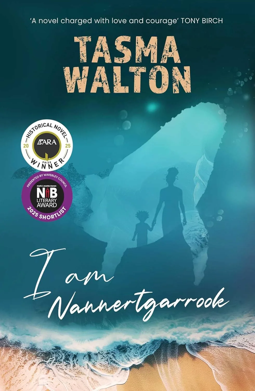 stella prize nominee book cover, blue whale shape with the silouhettes of a woman and a young girl