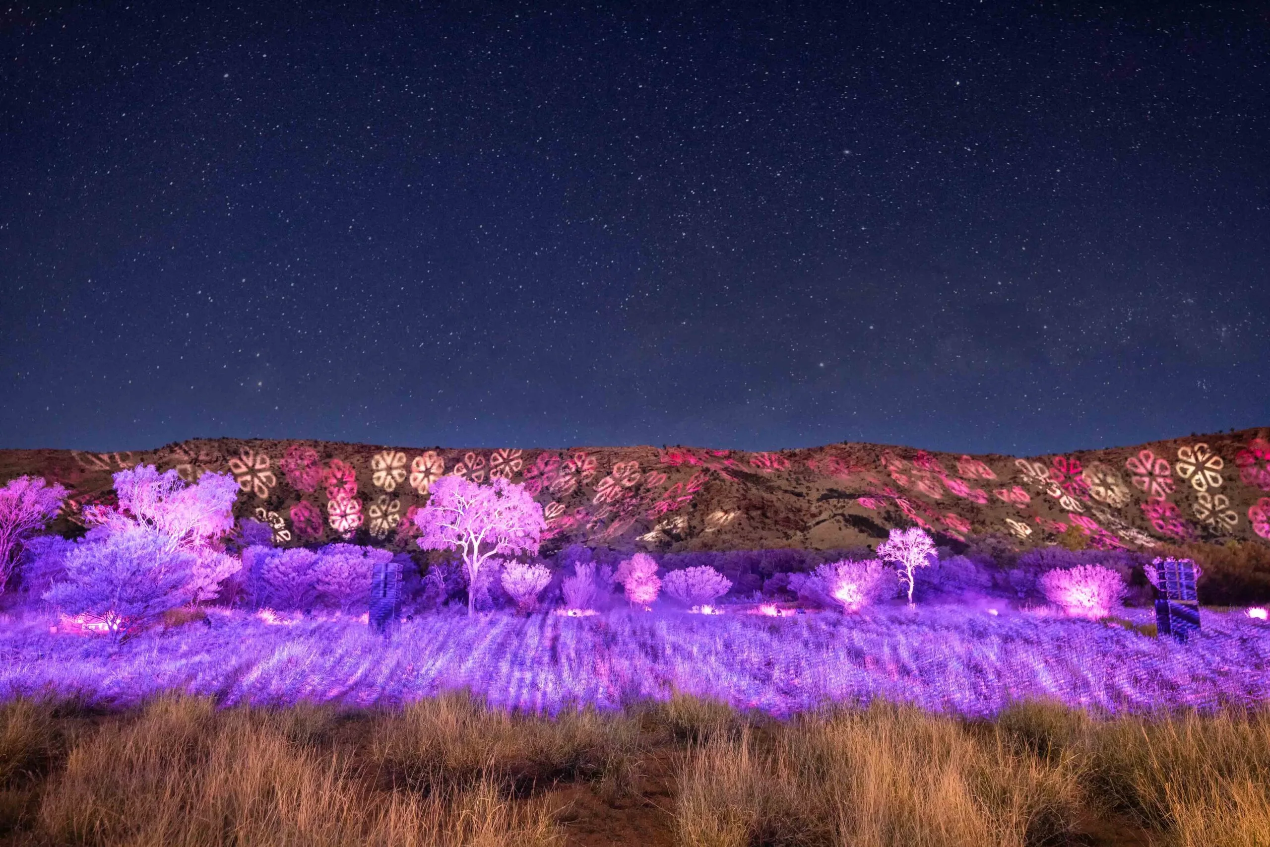 Bright coloured lights in geometric floral shapes cover the West MacDonnell Ranges at night.