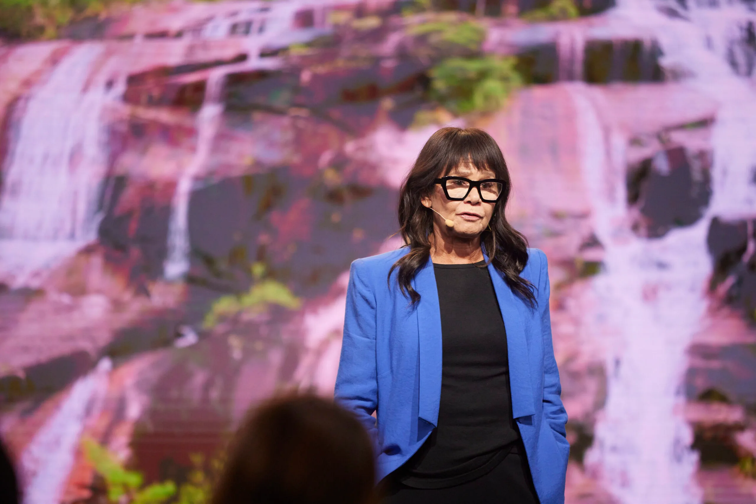 Rhoda Roberts on a stage with an image of purple rocks behind her.