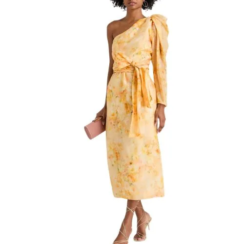 Zimmermann One-shoulder floral-print linen and silk-blend gauze midi dress in pastel orange - wedding guest dresses