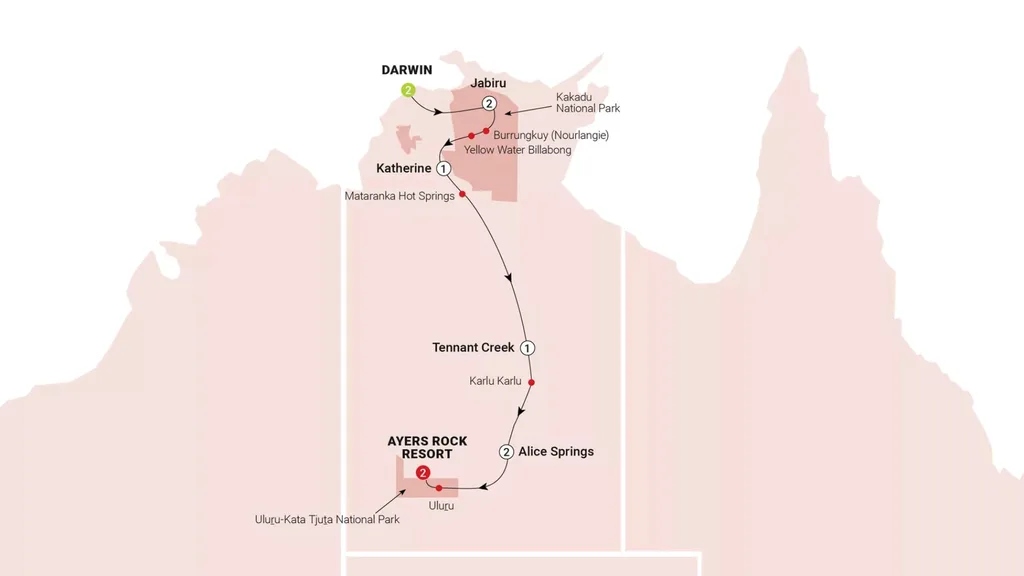 Map showing the journey of the AAT Kings small group tour in northern territory
